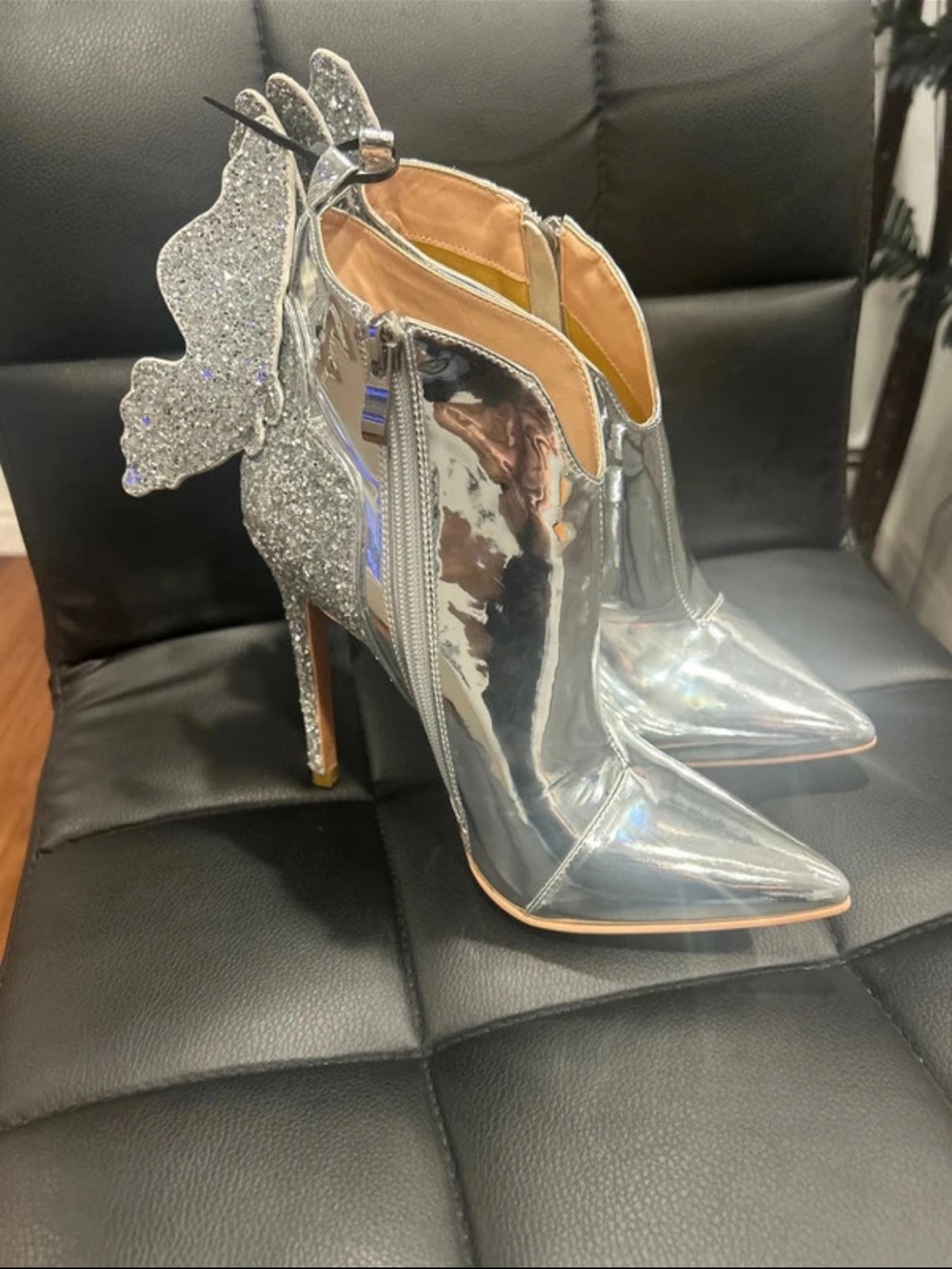 Silver Metallic Butterfly-Trim Pointed-Toe Ankle Booties